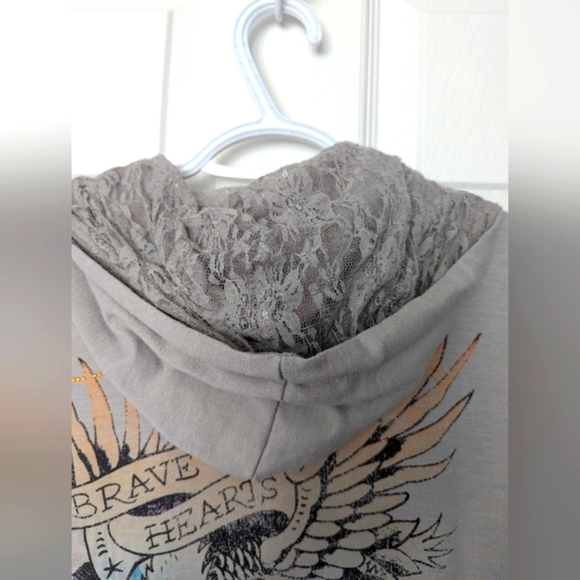 Vintage Ed Hardy Women's (Large) Slim Long Zip-Front Hoodie With Graphics & Lace - Picture 8 of 16